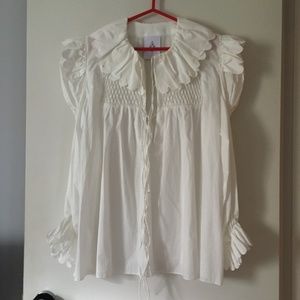 New HORROR VACUI White Cotton Puff Sleeve Pin Tuck Smocked Blouse L